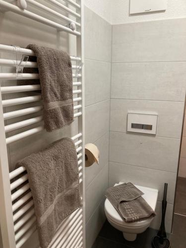 mała łazienka z toaletą i ręcznikami w obiekcie Apart Jehle w mieście Sankt Anton am Arlberg