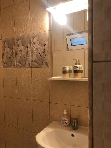 a bathroom with a sink and a mirror at Casa Petre in Eforie Nord