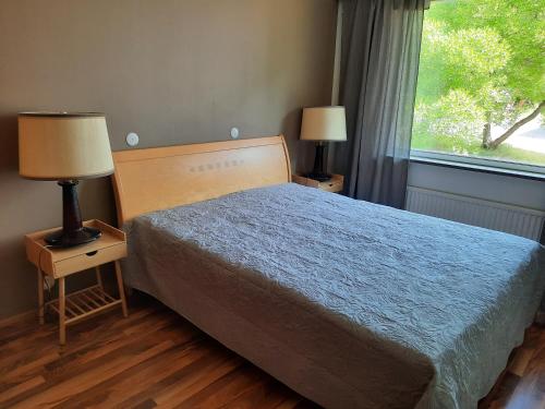 1 dormitorio con 1 cama, 2 lámparas y ventana en Family House Kupittaa Diplomat, Sauna, Garden, whole house for you en Turku