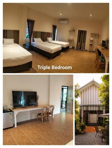 two pictures of a hotel room with beds and a tv at กมุทมาศ สวรรคโลก in Ban Pa Muang (1)