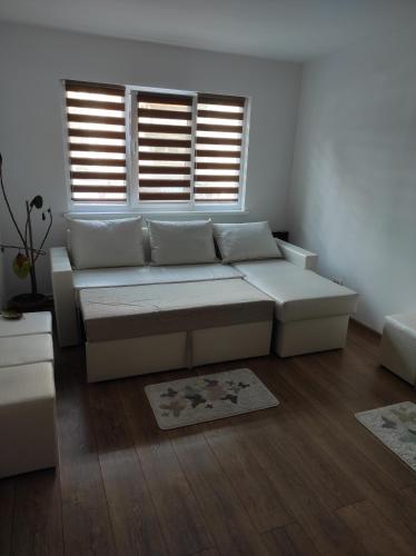 a living room with a couch and two windows at Apartament 2 camere tip studio in Râmnicu Vâlcea