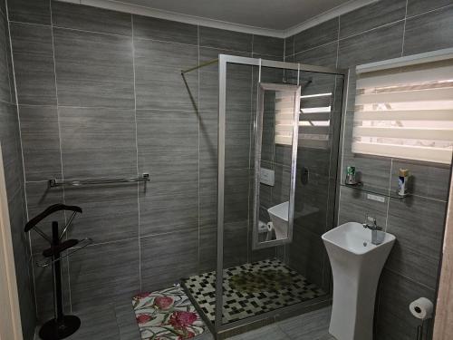 a bathroom with a shower with a toilet and a sink at The Haven: Make our Home your Home in Estcourt