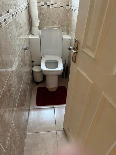 a bathroom with a toilet and a shower and a door at Whites Inn in London