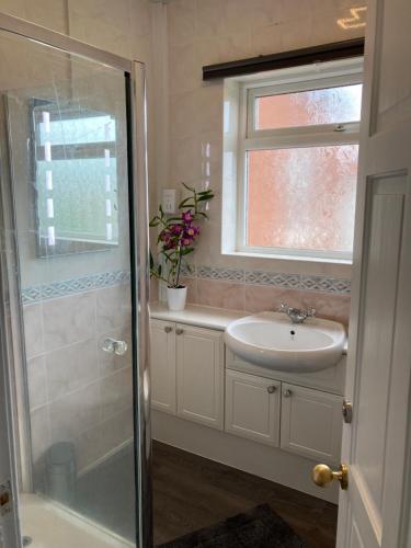 ein Bad mit einem Waschbecken und einer Glasdusche in der Unterkunft Quiet flat with parking in Cleveleys