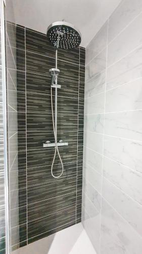 une douche avec pommeau de douche dans une salle de bain dans l'établissement Appartement T3 à deux pas du centre-ville, à Vichy