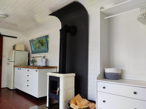 a kitchen with a black stove in a room at Maringotka Nebeská in Chýnov