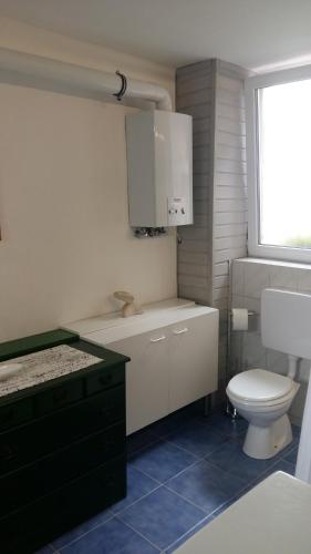 a white bathroom with a toilet and a window at Gästeapartment Brachelen in Hückelhoven
