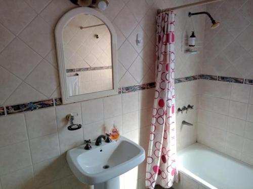 戈多伊克魯斯的住宿－Casa Verde 3，一间带水槽和淋浴帘的浴室