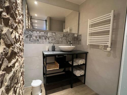 a bathroom with a sink and a mirror at Gîte de charme avec terrasse in Fleurie