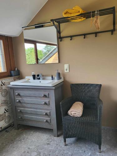 a bathroom with a sink and a chair and a mirror at A la salle de jeux et son jardin autour de la cabane verte in Dinant