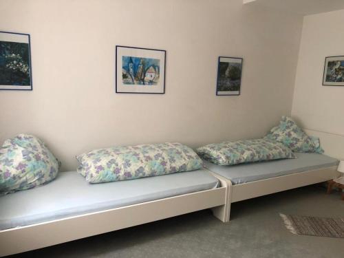a couch with pillows on it in a room at Ferienwohnung Schlossberg 1 in Wirsberg
