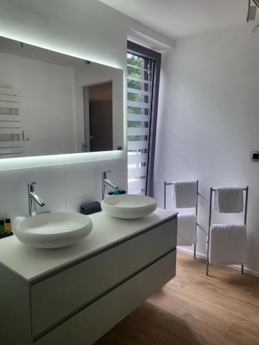 een badkamer met 2 wastafels en een spiegel bij Table et chambre particulière in Bergen