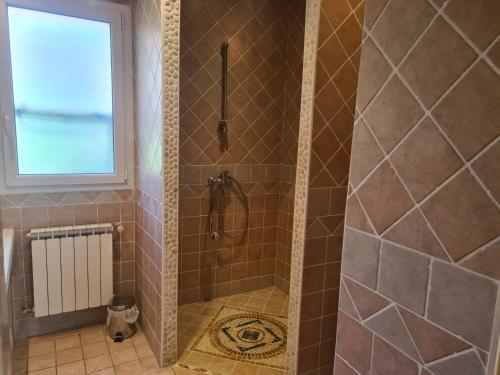 une salle de bain avec douche et fenêtre dans l'établissement Le Kallisté, à Vaison-la-Romaine