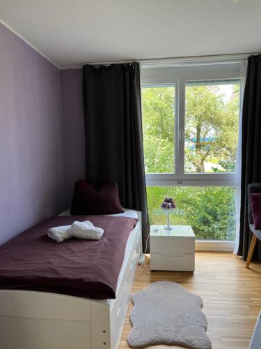 a bedroom with a bed and a large window at Oasi 2 in Kreuzlingen