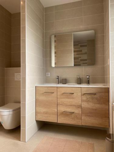 une salle de bain avec un lavabo, des toilettes et un miroir dans l'établissement T3 Neuf, parking & garage privé, proche centre, à Sarlat-la-Canéda