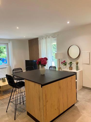 une cuisine avec un îlot et un comptoir noir dans l'établissement T3 Neuf, parking & garage privé, proche centre, à Sarlat-la-Canéda