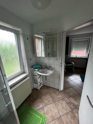 a bathroom with a sink and a mirror at Fewo Moin Moin in Groß Petershagen