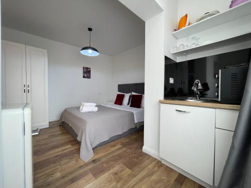 a small bedroom with a bed and a kitchen at Central Studio Apartments in Tirana