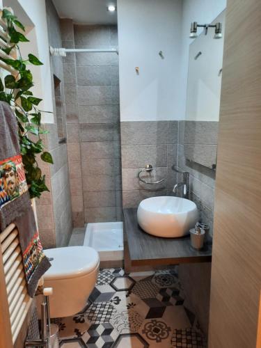 a bathroom with a sink and a toilet and a shower at Appartamento Il Vicoletto in La Spezia