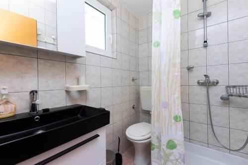 a bathroom with a sink and a toilet and a shower at Apartments Boza in Lopar