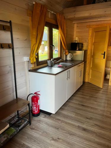 a kitchen with a sink and a stove in a cabin at LEŚNE DOMKI in Borsk