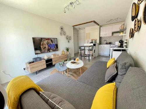 Il comprend un salon avec un canapé gris et une cuisine. dans l'établissement Bara by Yumē, à Toulouse
