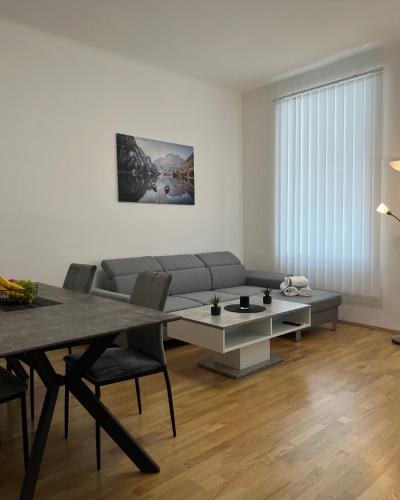 ein Wohnzimmer mit einem Tisch und einem Sofa in der Unterkunft Modernes Juwel in zentraler Lage in Wien