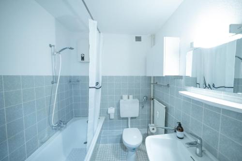 a bathroom with a toilet and a tub and a sink at FEWO Ferienresidenz Staberdorf Haus 76 Wohnung Nr 26 in Staberdorf