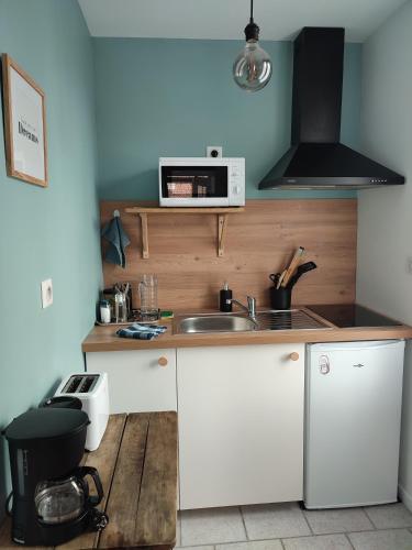 une cuisine avec un évier et un micro-ondes dans l'établissement Maison de campagne avec grand parking privé -calme et sérénité, à Chevincourt