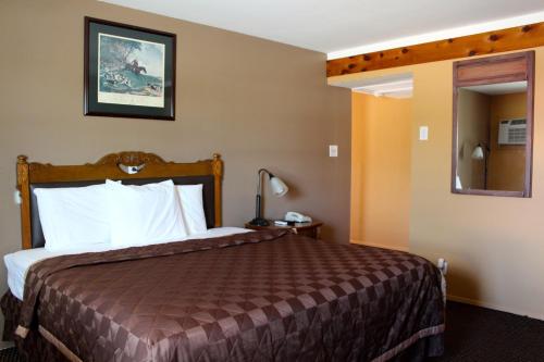 a hotel room with a bed and a mirror at Executive Inn Goliad in Goliad