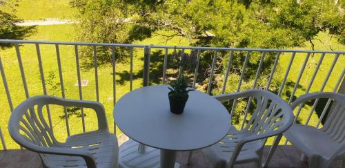 uma mesa branca e cadeiras com um vaso de plantas numa varanda em Studio lou paradou residence le provence em Gréoux-les-Bains