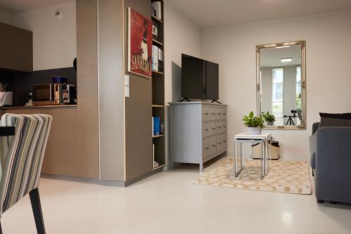 uma sala de estar com televisão e cómoda em NYON - Appartement meublé tout confort em Nyon