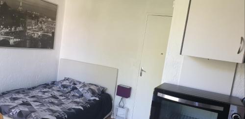 um quarto com uma cama e uma televisão em Studio lou paradou residence le provence em Gréoux-les-Bains