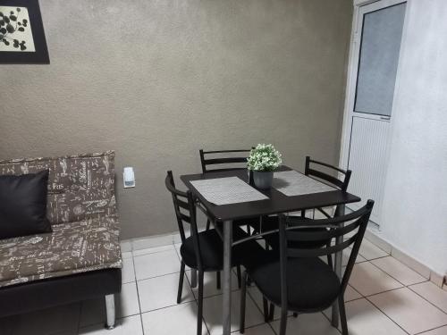 a dining room table and chairs with a potted plant on it at Cómodo & confortable apartamento. 5 minutos del aeropuerto in Mexico City