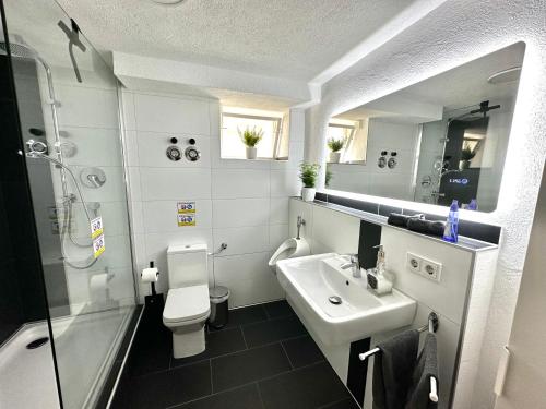 La salle de bains est pourvue d'un lavabo, de toilettes et d'une douche. dans l'établissement Modernes Apartment mit Terrasse und Highspeed Internet zwischen Aalen und Schwäbisch Gmünd, à Göggingen