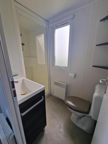une salle de bain avec un lavabo et des toilettes et une fenêtre dans l'établissement Mobil home Luxueux - 40 m2 terrasse couverte - La Palmyre Les Mathes - Les Charmettes 4 étoiles, aux Mathes