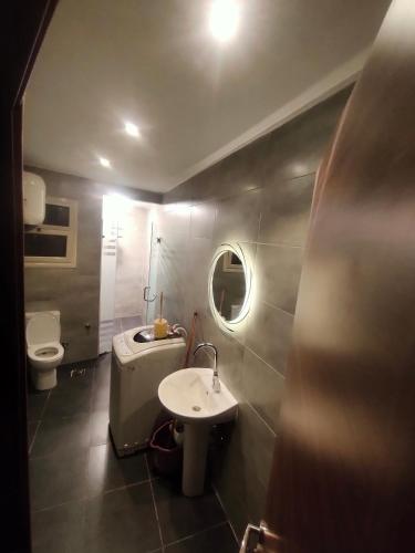 La salle de bains est pourvue d'un lavabo et de toilettes. dans l'établissement African Shield Company, au Caire