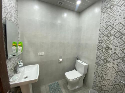 a bathroom with a white toilet and a sink at Ines’s sweet home in Yerevan