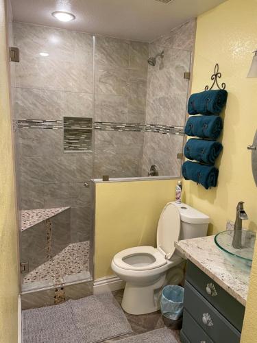 a bathroom with a toilet and a glass shower at Beautiful single story 4 br. home in nice area. in Palmdale