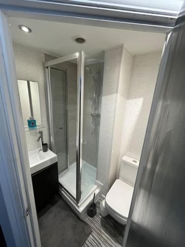 a bathroom with a shower and a toilet and a sink at 6 Bed 6 Bath House Fantastic for contractors & Groups in Luton