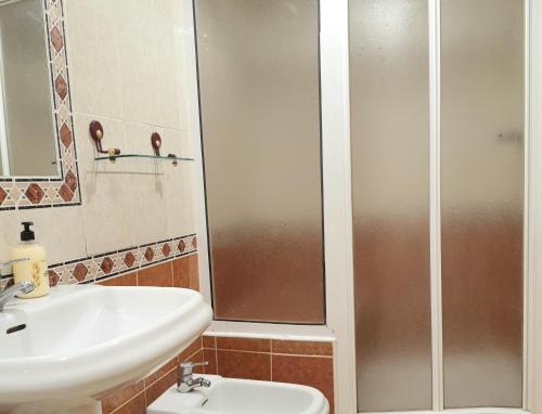 uma casa de banho com um lavatório e um chuveiro em Apartamento Salamanca em Guardamar del Segura