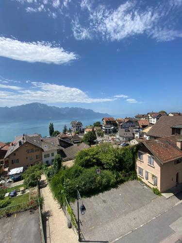Blick auf eine Stadt mit Bergen im Hintergrund in der Unterkunft Studio vue Lac in Montreux