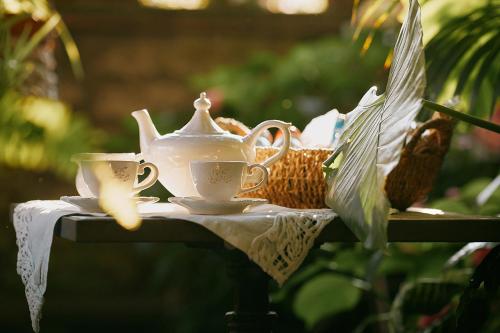 ein Tee-Set auf einem Tisch mit einer Teekanne und einer Tasse in der Unterkunft La casetta di Giusy - Alloggio turistico in Viterbo
