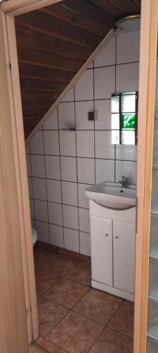 een kleine badkamer met een wastafel en een spiegel bij Słoneczna in Grzybowo