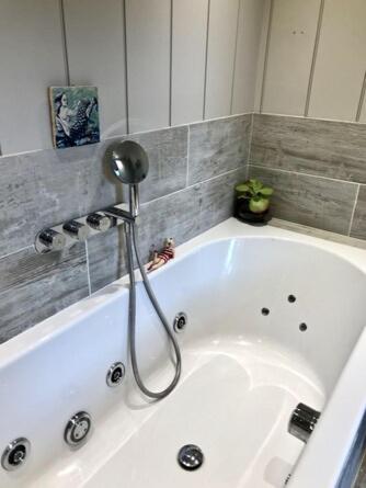 een wit bad met een douche in de badkamer bij Ducks Wharf in Hampton