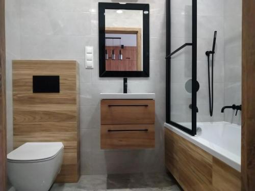 bagno con servizi igienici, lavandino e specchio di Uniejów Apartament a Uniejow