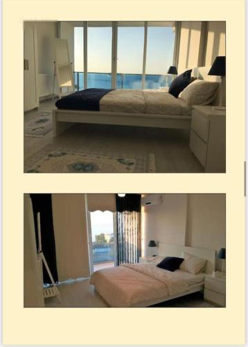 Duas fotografias de um quarto com 2 camas e uma janela. em فيلا باطلالة بانورامية على البحر وقريبة من المركز em Yalova