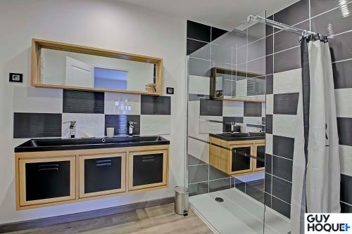 une salle de bain avec un lavabo et une douche dans l'établissement Le Moulin du Chardonnet, à Tramolé