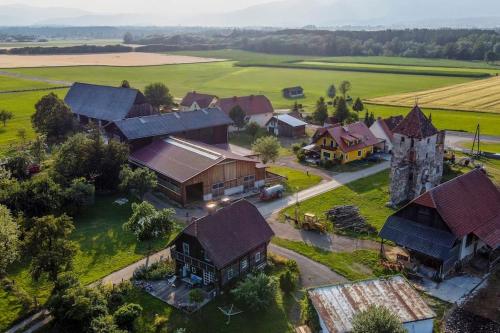 una vista aérea de un pueblo con casas y una iglesia en Ferienhaus Schlossbauer en Spielberg