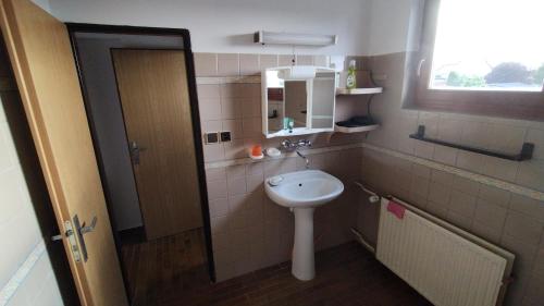 La petite salle de bains est pourvue d'un lavabo et de toilettes. dans l'établissement Prague Zbraslav Old Garden, à Prague